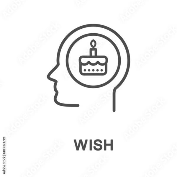 Fototapeta Icon – wish. A conscious idea of the wish to get something. Cake with a candle is a symbol of wish. The thin contour lines.
