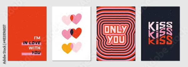Obraz Set of greeting card about love.Trendy cover template vector illustration.Happy Valentine’s Day typography poster design.Holiday romantic postcard in retro style in red  textured background