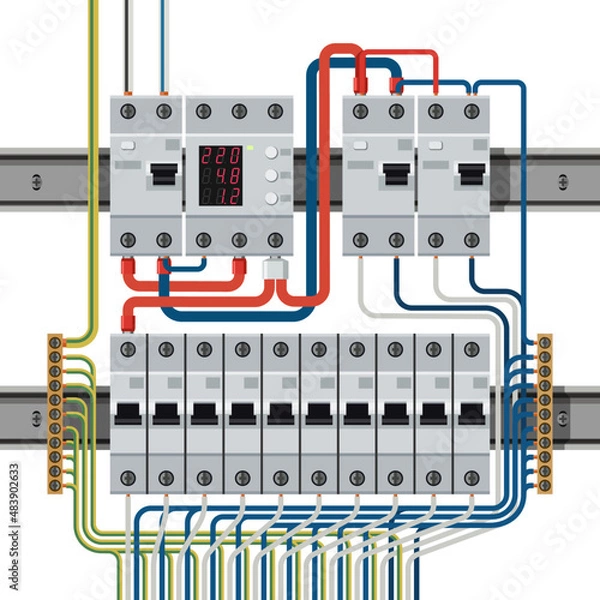 Fototapeta Obwody elektryczne na szynach DIN podłączone do przewodów. Druty są podłączone do resztkowych wyłączników prądu i przekaźnika monitorowania napięcia.