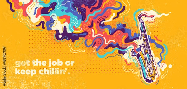 Obraz Abstract background design with saxophone and colorful splashing shapes. Vector illustration.	
