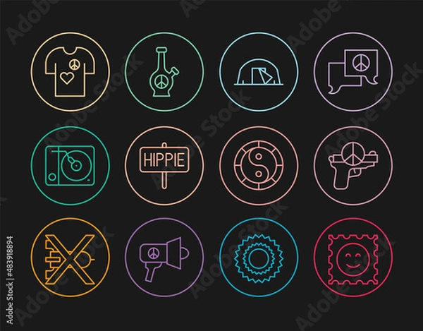 Obraz Set line LSD acid mark, No war, Tourist tent, Peace, Vinyl player, t-shirt print stamp, Yin Yang symbol and Bong icon. Vector
