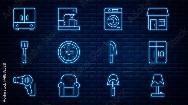 Fototapeta Set line Table lamp, Refrigerator, Washer, Clock, Spatula, Wardrobe, Knife and Coffee machine icon. Vector