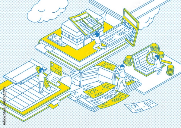 Fototapeta 確定申告をする人のアイソメトリック図　青黄色ver