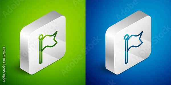 Fototapeta Isometric line Flag icon isolated on green and blue background. Victory, winning and conquer adversity concept. Silver square button. Vector