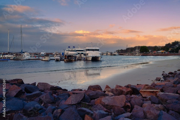 Fototapeta Marina at Port Stephens, Nelson bay harbour, Australia. Sunrise at luxury yachts and sailing boats moored around marina.