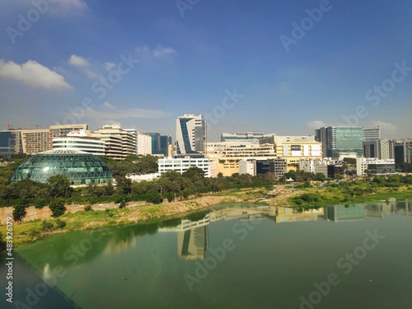 Obraz Cityscape of Hi Tech City in Hyderabad from the new bridge connecting old and new parts of the capital city in Telangana state, India