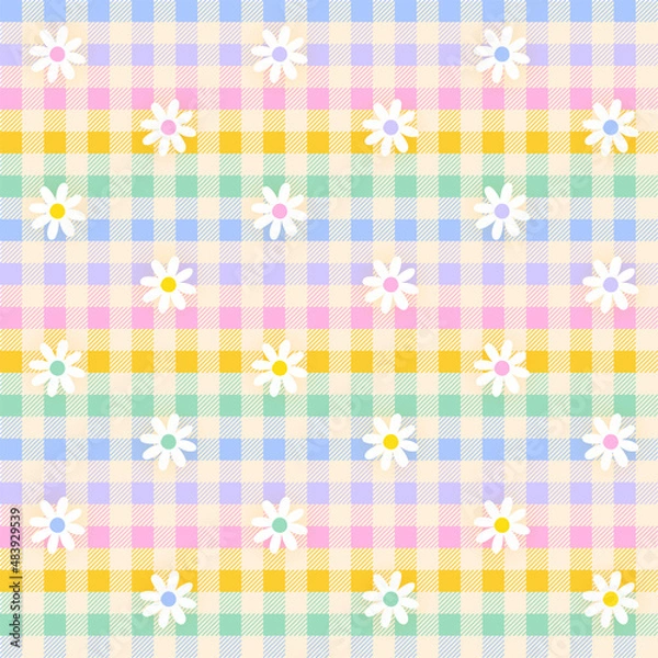 Fototapeta White Daisy Flower Rainbow Pastel Gingham Patterns Background Editable Stroke. Vector Illustration Tablecloth, Picnic mat wrap paper.	