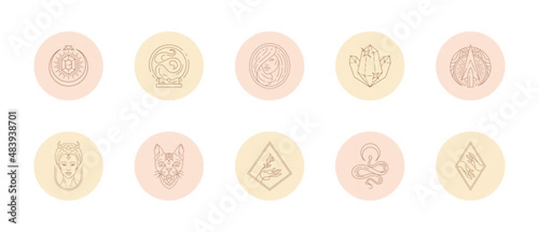 Obraz Set of icons and emblems for social media stories highlight covers in linear style vector illustration.