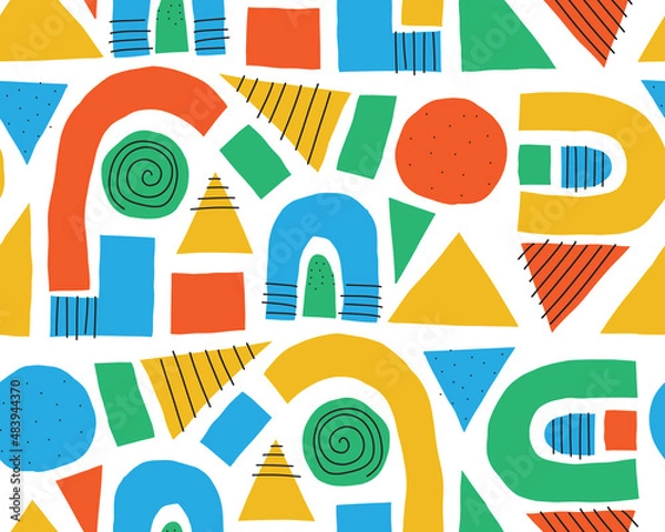 Fototapeta Seamless vector pattern abstract doodle shapes collage. Cute geometric shapes cut out and doodles repeating pattern blue red yellow green on white. Modern line art for kids decor, fabric trim, cards