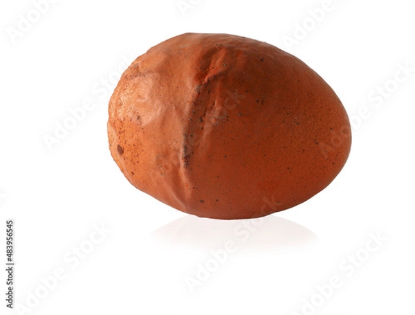 Obraz A chicken egg with a deformed shell. A brown egg with an ugly shell in folds, isolated with a shadow on a white background