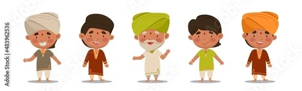 Fototapeta Indian men are a cute and fun set. Vector illustration in a flat cartoon style