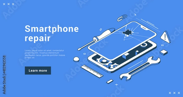 Fototapeta Smartphone repair technical service support internet banner landing page isometric vector illustration. Disassembled phone with broken screen and gear. Fix gadgets web advertising user interface