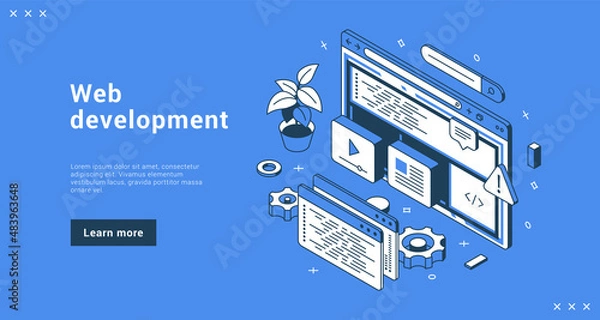 Fototapeta Web development service support business internet advertising landing page isometric vector illustration. Programming application coding e commerce digital media marketing seo optimization technology