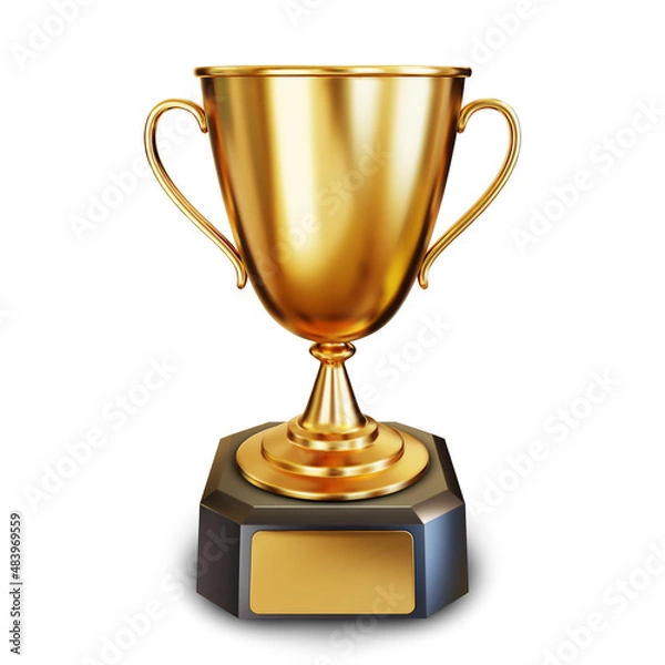 Fototapeta Golden trophy cup or champion cup with empty gold plate for your text. Realistic 3D vector illustration isolated on a white background