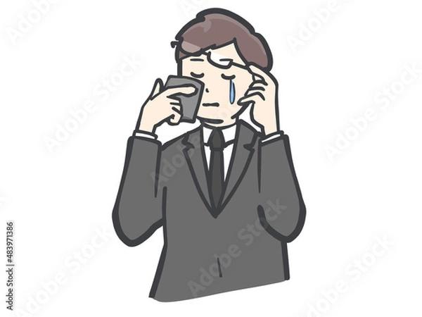 Fototapeta ハンカチで涙を抑える黒い服の男性のイラスト