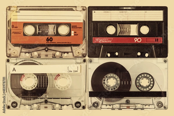 Fototapeta Retro styled image of four old audio compact cassettes