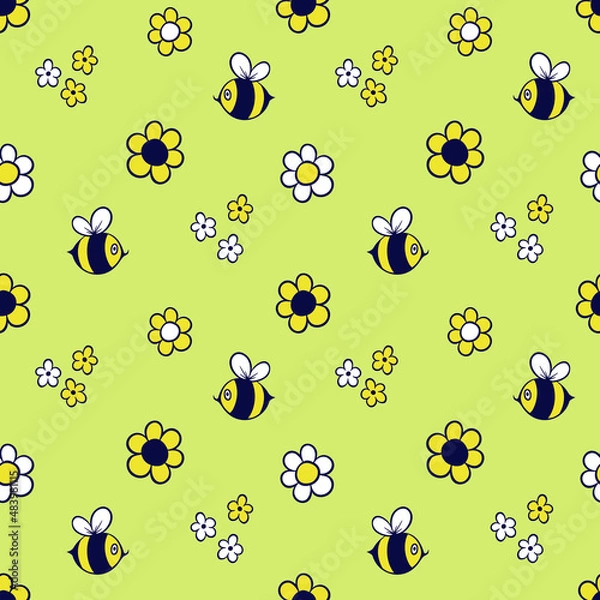 Obraz seamless pattern with flowers and bees. doodle illustration. spring decoration. vector background. cute bees and flowers on a light green background.