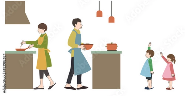 Fototapeta エプロンをして笑顔で料理をする夫婦と、お手伝いをする子供たちの家族のイラスト