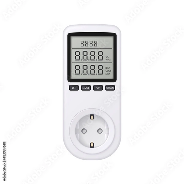Fototapeta Digital wattmeter for power outlet. Power meter with LCD display and socket. Vector illustration.	