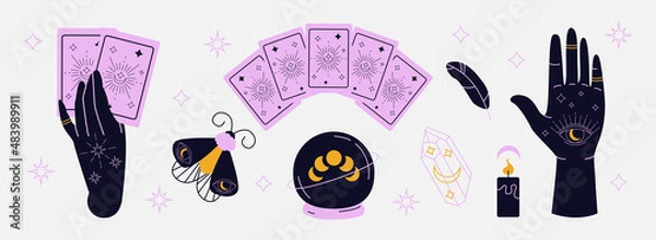 Fototapeta Palmistry and hieromancy set; witchcraft; fortune tellers set. Moon phases. Magical hand drawn flat vector illustration. Tarot cards; glass sphere; divination; candles; palm reading. All isolated