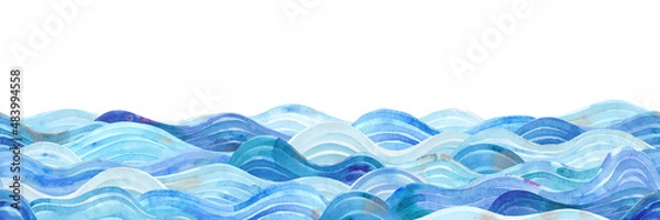Fototapeta Watercolor sea. Seamless pattern. Horizontal border. Blue waves in the ocean.