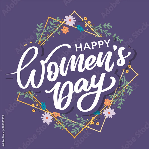 Fototapeta Women's Day hand drawn lettering. Red text isolated on white for postcard, poster, banner design element. Happy Women's Day script calligraphy. Ready holiday lettering design.