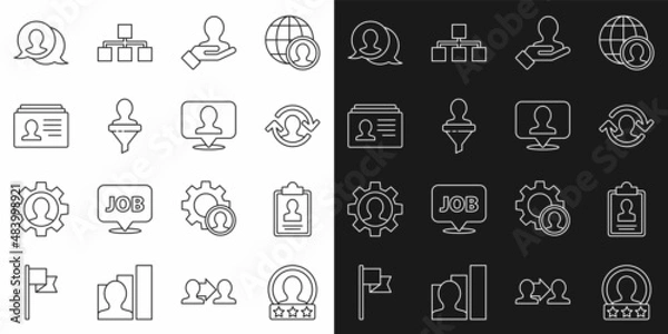 Fototapeta Set line Create account screen, Clipboard with resume, Human resources, Hand for search people, Head hunting, Resume, Speech bubble chat and Location person icon. Vector