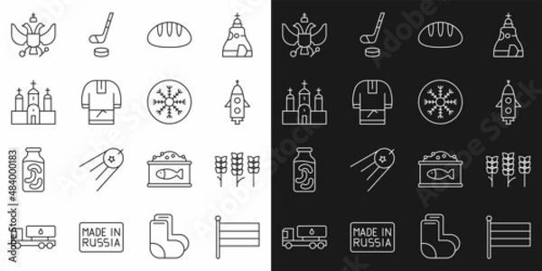 Fototapeta Set line National Russia flag, Wheat, Rocket ship, Bread loaf, Kosovorotka, Church building, emblem of and Snowflake icon. Vector