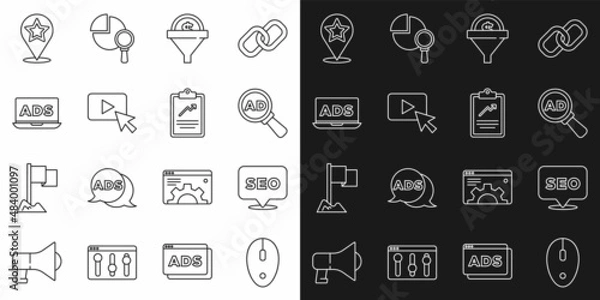 Fototapeta Set line Computer mouse, SEO optimization, Advertising, Lead management, Map pointer with star and Clipboard graph chart icon. Vector