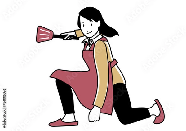 Obraz イラスト素材：フライパン返しを片手にキメポーズをするエプロンの女性