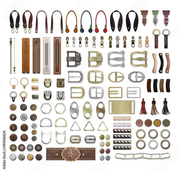 Obraz A collection of leather and metal accessories for decorating and tailoring clothes, shoes, bags. Accessories for the manufacture of leather products.