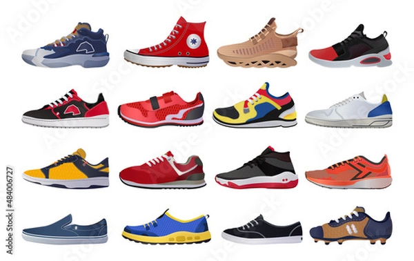 Obraz Collection of realistic sneakers of different types. Sports shoes in detailed style.