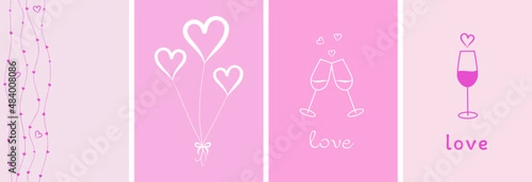 Fototapeta set of four pink valentines, cake, ring, love symbols on a delicate background, minimalism, flat vector graphics, sketch, place for text, valentines day greeting card, vector