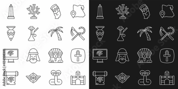 Obraz Set line Egyptian house, Cross ankh, Crook and flail, Nefertiti, Hookah, vase, Obelisk of Alexandria and Tropical palm tree icon. Vector