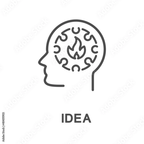 Fototapeta Icon – idea. The main think for building a complete image. A fire and puzzle elements are a concept for the development of an idea. The thin contour lines.