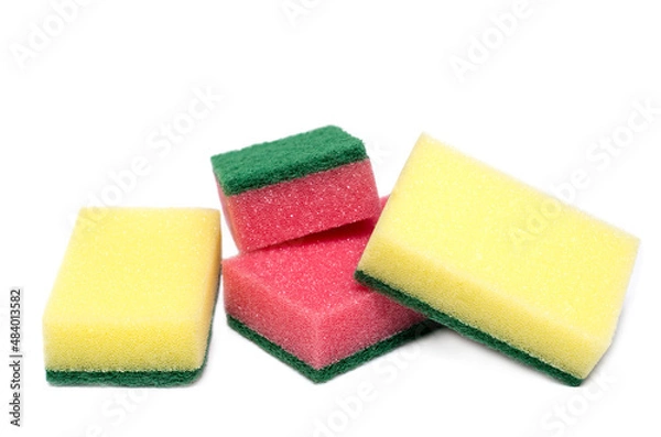 Obraz Red and yellow sponges isolated on white background