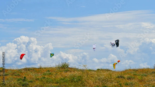 Obraz Ensemble d'ailes de kite surf colorées sur fond de ciel nuageux surplombant la dune verdoyante.
