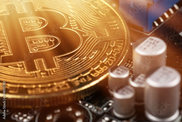 Fototapeta Gold Bitcoin electronic computer processor board