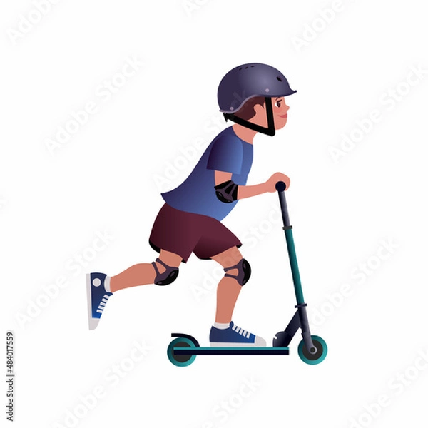 Fototapeta Boy in a Safety helmet on scooter. Isolated Vector illustration for mockup or flat design advertising banner.