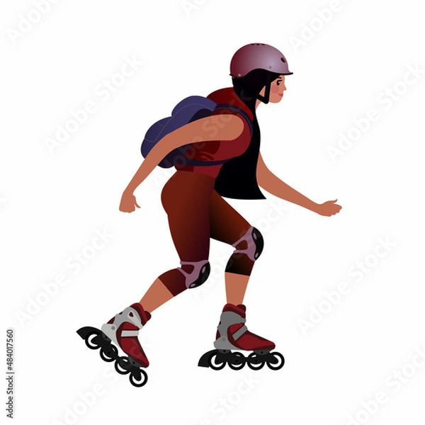 Fototapeta Girl in a Safety helmet with a backpack is rollerblading. Isolated Vector illustration for mockup or flat design advertising banner.