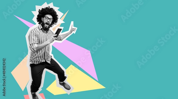Fototapeta Jumping, running man with tablet. Collage in magazine style. Discount, sale, season sales, copyspace for ad. Colorful summer concept. Crazy hipster guy emotions