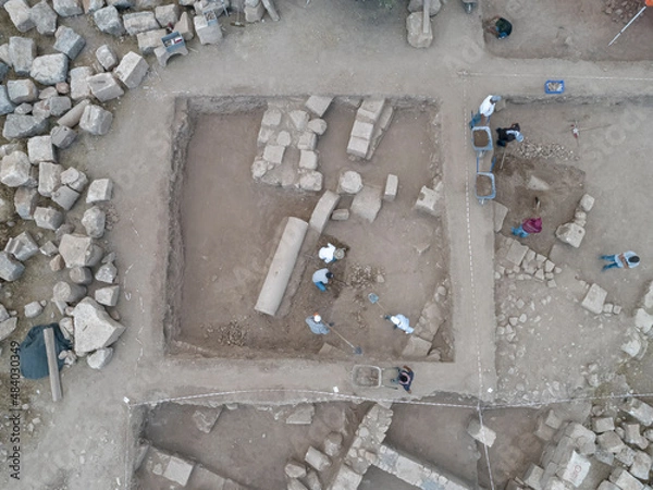 Fototapeta Excavations in the area of ​​the ancient city. Archaeological excavation background. historical. top view