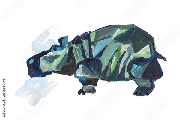 Fototapeta Drawing of a hippo in gouache on a white background. A pattern of spots. On a white background. Large strokes. Minimalist drawing. Painting.