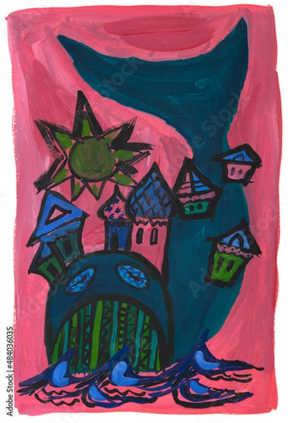 Fototapeta Gouache drawing of a fabulous whale with houses and churches on its back. A whale in the sea. The sun over the sea. Stylized drawing. Large strokes. On paper. Painting