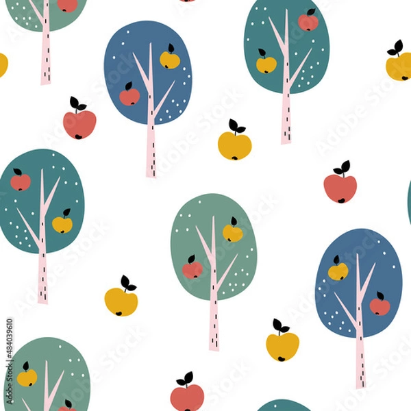 Fototapeta Seamless pattern with apple trees and apples in cartoon style