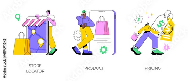 Fototapeta E-commerce website abstract concept vector illustration set. Store locator, product, pricing, website menu bar, find us, service catalog, retail store, online shopping, wishlist abstract metaphor.