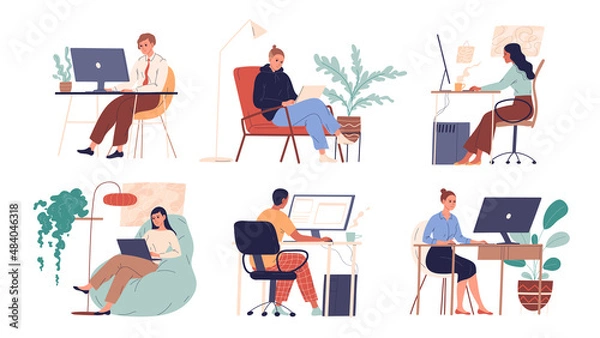 Fototapeta Set of people working with laptops and computers.