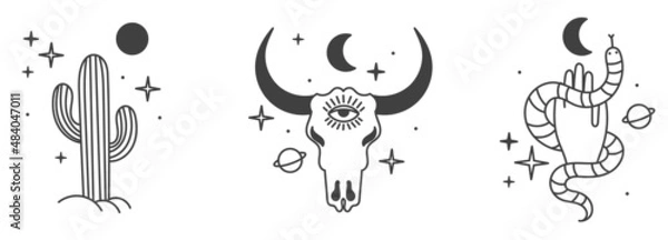 Fototapeta A set of icons, wild west elements, boho doodle style western with abstraction. America. A skull, a cactus and a hand with a snake.