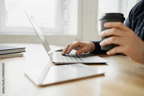 Fototapeta Uses laptop finance and documents ondine, businessman report in company office