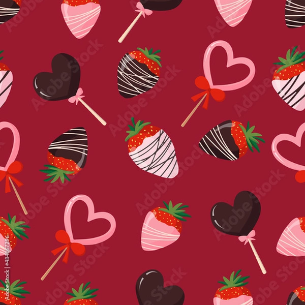 Fototapeta Seamless pattern for packaging design, Valentines Day. Chocolate strawberries, heart chocolate lollipops in milk, bitter. pink with patterns. Vector flat illustration on an isolated white background.